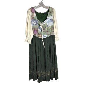 The Lord Of The Rings Cottagecore Green Dress With Embroidered Floral Hemline